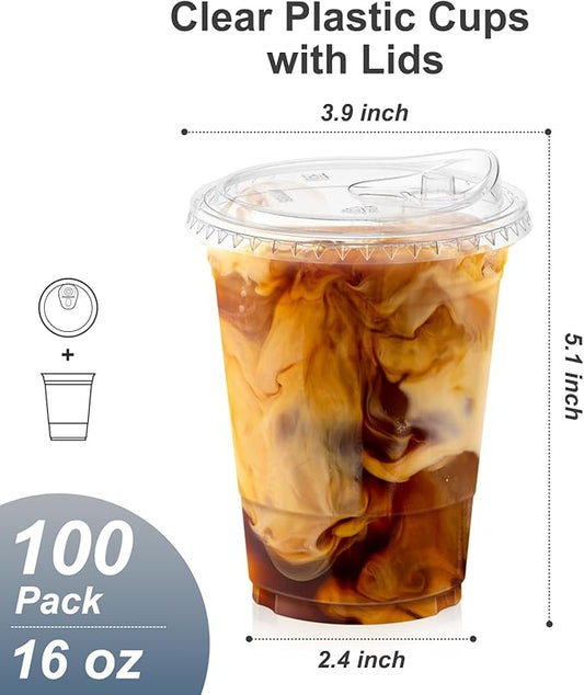 100 Pack - 16 oz Clear Plastic Cups with Lids, Sturdy & Food Safe Iced Coffee Cups with lids, Disposable Plastic Smoothie Cups for Cold Drinks, Sip Lids