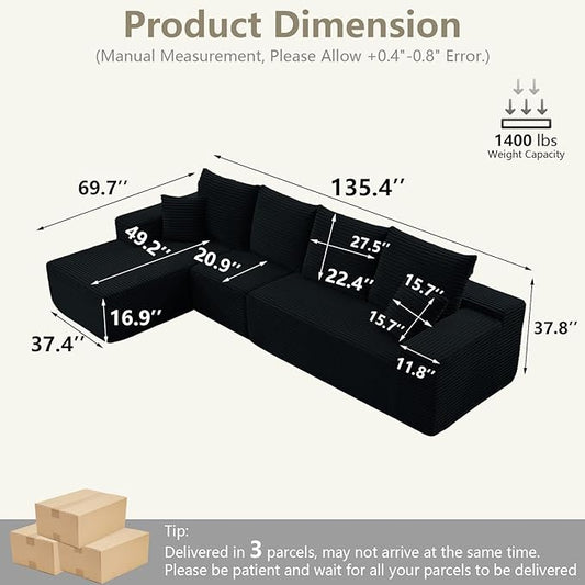 135" Modular Sectional Couches for Living Room, Comfy Boneless L Shaped Cloud Couch with Chaise Lounge, Modern Cozy Corduroy Deep Seat Floor Sofa, Memory Foam, No Assembly Required, Black