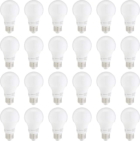 Amazon Basics A19 LED Light Bulb, 60 Watt Equivalent, Energy Efficient 9W, E26 Standard Base, Soft White 2700K, Non-Dimmable, 10,000 Hour Lifetime, 24-Pack