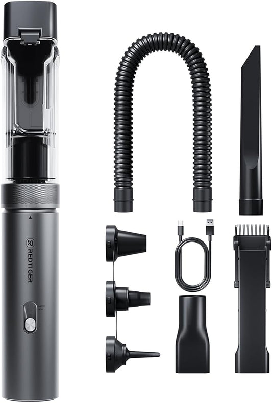REDTIGER Car Vacuum Cordless, 21000PA Portable Handheld Vacuum Up to 70 Mins Runtime, 3.5H USB-C Fast Charge, Lightweight 4 in1 Mini Hand Held Cleaner Power for Car Home Outdoor Camp Pet Food Black