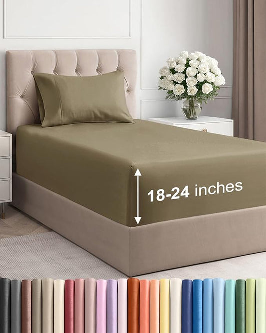 Extra Deep Pocket Twin XL Sheets - 3 Piece Breathable & Cooling Bed Sheets - Hotel Luxury Bed Sheet Set - Soft, Wrinkle Free & Comfy - Easily Fits Extra Deep Mattresses - Deep Pocket Khaki Sheets Set