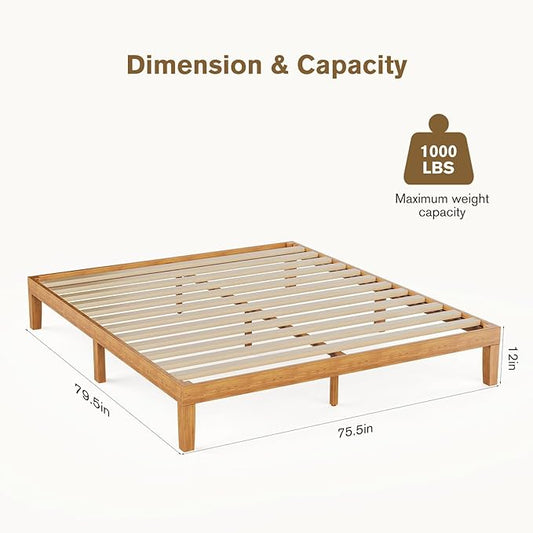 Sweetcrispy Solid Wood Bed Frame, King Size Bed Base with Wood Slat Support, Sturdy, Stylish & Noise-Free Design, No Box Spring Needed, Easy Assembly, 12 in Natural Pine