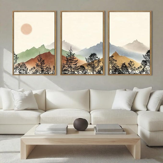 BINCUE Large Boho Mountain Wall Art Framed Wall Decor Watercolor Landscape Art Print Set of 3 for Living Room Bedroom Office 36x24 Inches