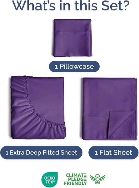 Extra Deep Pocket Twin Sheets - 3 Piece Breathable & Cooling Bed Sheets - Hotel Luxury Bed Sheet Set - Soft, Wrinkle Free & Comfy - Easily Fits Extra Deep Mattresses - Deep Pocket Purple Sheets Set