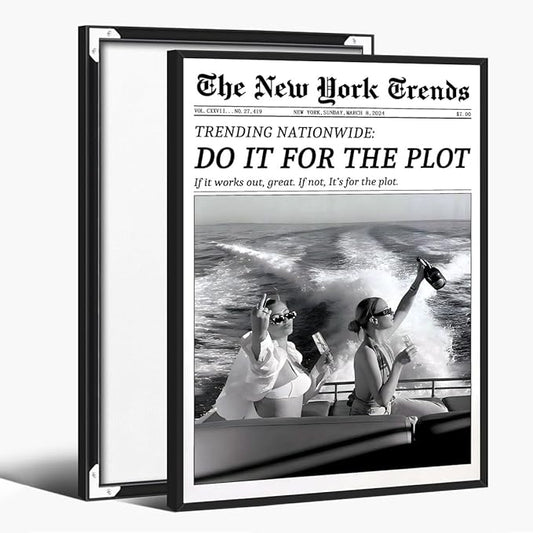 Retro New York Trends Wall Art Black and White Newspaper Poster Do It for The Plot Canvas Prints Funky Feminist Posters Trendy College Wall Decor for Bar Cart Hot Girl Dorm Room Decorative 16x24inch black framed