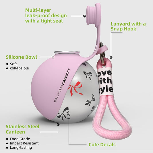 2-in-1 Portable Dog Water Bottle for Small Dogs - Leak-Proof & Compact Dog Travel Water Bottle -Stainless Steel Bottle & Silicone Bowl - Ideal for Walking, Hiking & Travels (10 fl oz, Pink) Dormly