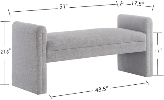 24KF Modern Upholstered Bed Bench Covered with Soft Boucle Teddy Fabric, Lovely Entryway Bench Ottoman with Armrest,5062-Gray