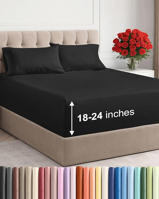 Extra Deep Pocket Full Sheets - 4 Piece Breathable & Cooling Bed Sheets - Hotel Luxury Bed Sheet Set - Soft, Wrinkle Free & Comfy - Easily Fits Extra Deep Mattresses - Deep Pocket Black Sheets Set