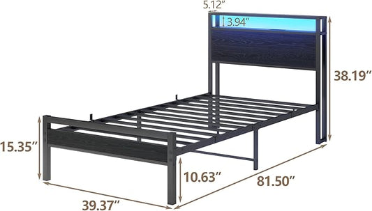 HOJINLINERO Twin Bed Frames with LED Light and Charging Station, Wood Storage Headboard with 2-Tier Shelves, Metal Platform Bed with Heavy Duty Slats Support, No Box Spring Needed, Black
