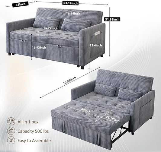Sofa Bed, Loveseat 3-in-1 Sleeper Sofa with Pull Out Bed and USB, Modern Corduroy 2 Seater Convertible Small Couch for Living Room Bedroom Apartment, Gray