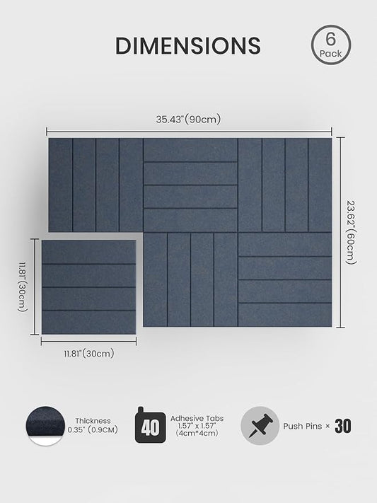 Bumusty Large Cork Board Alternative-36 x24 Felt Bulletin Board Tiles, with 30 Pushpins, 40 Adhesive Tabs, 6-Pack Slat Wall Paneling, Cork Boards for Office Push Pin Felt Board-Deep Charcoal Blue