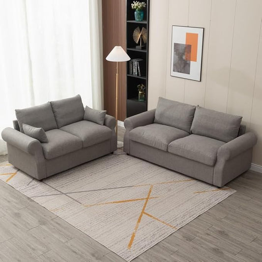 Panana Modern 2 and 3 Seats Loveseat Sofa Couch with Storage, Small Love Seat Couches for Living Room, Bedroom, Apartment, Office (Light Gray Linen Fabric, Scroll Arm - 2 and 3 Seater Set)
