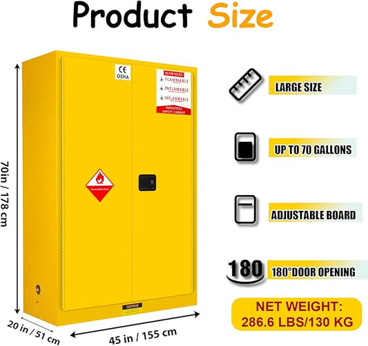 70-Gallon Flammable Storage Cabinet, 70''x45''x20'' Galvanized Steel Safety Cabinet with Adjustable Shelves, Fire Cabinet for Gasoline, Oil, Chemical Storage