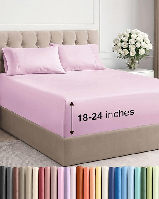 Extra Deep Pocket Cal King Sheets - 4 Piece Breathable & Cooling Bed Sheets - Hotel Luxury Sheet Set - Soft, Wrinkle Free & Comfy - Easily Fits Extra Deep Mattresses - Deep Pocket Light Pink Sheets
