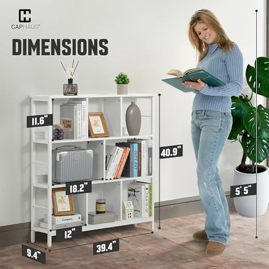 CAPHAUS 8 Cube Storage Organizer, 40” Wide 3 Tier White Industrial Open Shelf Bookcase, Display Shelf, Horizontal Bookshelf with Metal Frame, Wooden Board, for Living Room, Bedroom, Office