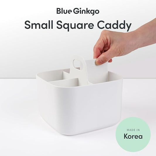 BLUE GINKGO Small Stackable Organizer Caddy – Korean-Made Portable Tote for Bathroom, Office, Crafts, or School Supplies (Square, White)