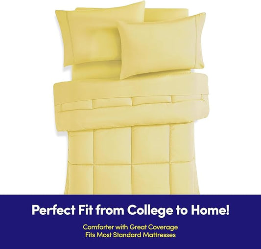 Dorm Room Essentials College Bedding Comforter Set 5 Piece Twin XL Size Bed in a Bag for College Students Boys and Girls, Twin XL, Yellow