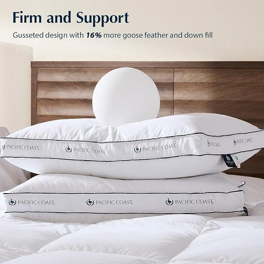 Pacific Coast Gusseted Pillows Queen Size Set of 2, Goose Feather and Down Firm Pillows, Luxury Hotel Collection Bed Pillows for Sleeping, Supportive Gusseted Dsign for Side and Back Sleepers