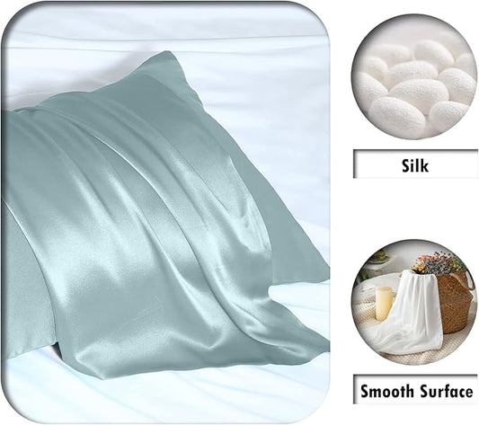 Natural Mulberry Silk Pillowcase for Hair and Skin Queen Size 20"X30" Case with Hidden Zipper Soft Breathable Smooth Cooling Pillow Covers for Sleeping(Haze Blue,1Pcs)