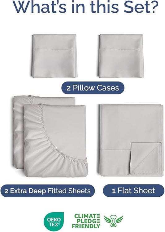Extra Deep Pocket Split King Sheets - 5 Piece Breathable & Cooling Bed Sheets - Hotel Luxury Bed Sheet Set - Soft, Wrinkle Free & Comfy - Easily Fits Extra Deep Mattresses - French Grey Sheets Set
