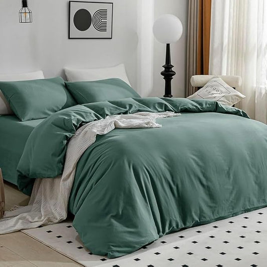 JELLYMONI Dark Green Bedding Duvet Cover Set - 100% Washed Cotton Linen Like Textured California King Comforter Cover, 3 Pieces Soft Bedding Set with Zipper Closure (Dark Green, Cal King 104"x98")