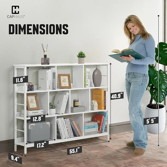 CAPHAUS 10 Cube Storage Organizer, 55” Wide 3 Tier White Industrial Open Shelf Bookcase, Display Shelf, Horizontal Bookshelf with Metal Frame, Wooden Board, for Living Room, Bedroom, Office