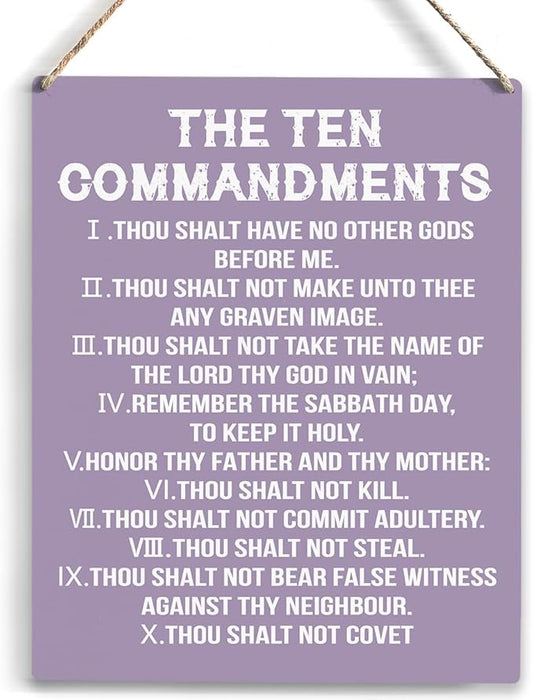YCYD Ten Commandments Decor,10 Commandments Desk Poster, Christian Bible Verse Decor Religious Home Rustic Wooden Box Sign for Living Room Bedroom Office 10 x 8 Inches Purple