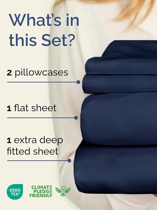 Extra Deep Pocket Cal King Sheets - 4 Piece Breathable & Cooling Bed Sheets - Hotel Luxury Bed Sheet Set - Soft, Wrinkle Free & Comfy - Easily Fits Extra Deep Mattresses - Deep Pocket Navy Blue Sheets