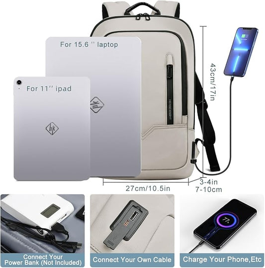 hk Backpack for Men Business Slim Backpack with USB Charger Computer Lightweight Anti-theft Travel (White, 15.6 Inch)