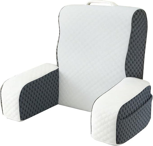 Bed Reading Pillow Back Support with Arms, Removable Pillowcase for Book Working Gaming Resting Watching TV, White Gray/20in