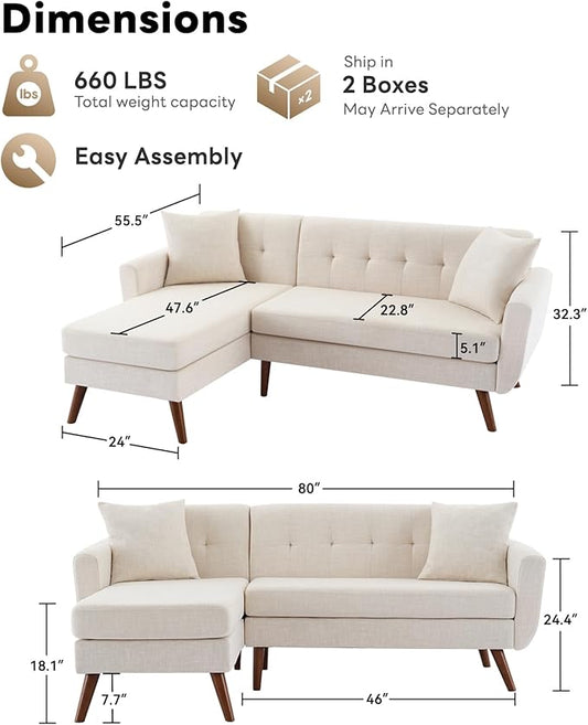 Tbfit L Shaped Couch Sofa, 80" W Mid-Century Modern Sectional Couches, 3 Seater Sofas with Wide Chaise Lounge, Button Tufted Upholstered Sectional Sofa for Living Room, Bedroom, Beige