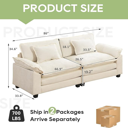 86" Modular Sectional Sofa, Comfy Cloud Couch Sectional Sofa, Chenille Sofa Sleeper Deep Seat Sofa with Throw Pillows for Living Room (Beige White, 86"- Loveseat)