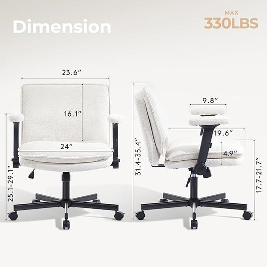 Criss Cross Chair with Flip-Up Arms and Lockable Wheels, Plush Fabric Cross Legged Office Desk Chair,Wider 125°Tilting Adjustable Swivel Chai r for Home, Apartment, Bedroom,Pearl White