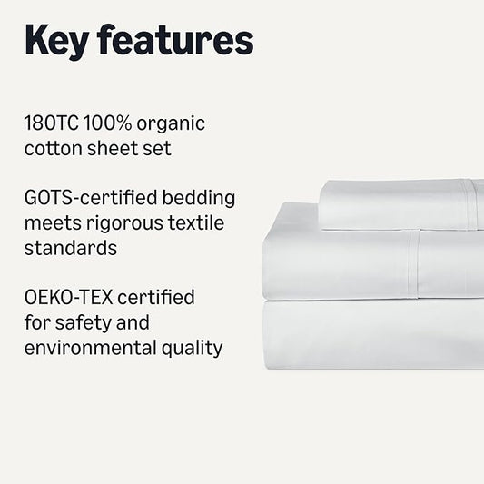 Amazon Basics Organic Cotton Sheet Set with 1-Piece Pillowcase, White, Twin