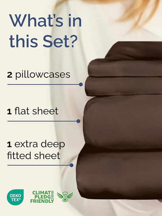 Extra Deep Pocket Queen Sheet Set - 4 Piece Breathable & Cooling Bed Sheets - Hotel Luxury Sheet Set - Ultra Soft, Wrinkle Free & Comfy - Easily Fits Extra Deep Mattresses - Deep Pocket Brown Sheets