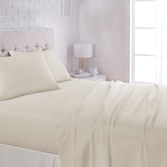 Amazon Basics Lightweight Super Soft, Breathable Easy Care Microfiber 4 Piece Bed Sheet Set with 14-Inch Deep Pockets, Queen, Beige, Solid AmazonBasics