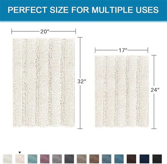 H.VERSAILTEX Ivory Bath Mat Bath Rugs, Extra Thick Striped Bath Rugs for Bathroom 2 Piece Bathroom Set, Anti-Slip Soft Plush Chenille Shaggy Mat Water Absorbent (Ivory, 20" x 32"/17" x 24")