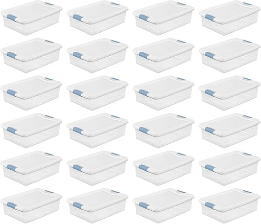Sterilite 24-Pack Latching Box, Under Bed Storage Bins with Lids, Clear Plastic, 32 Quart - Heavy-Duty Organizing Containers for Closet, Bathroom, and Office