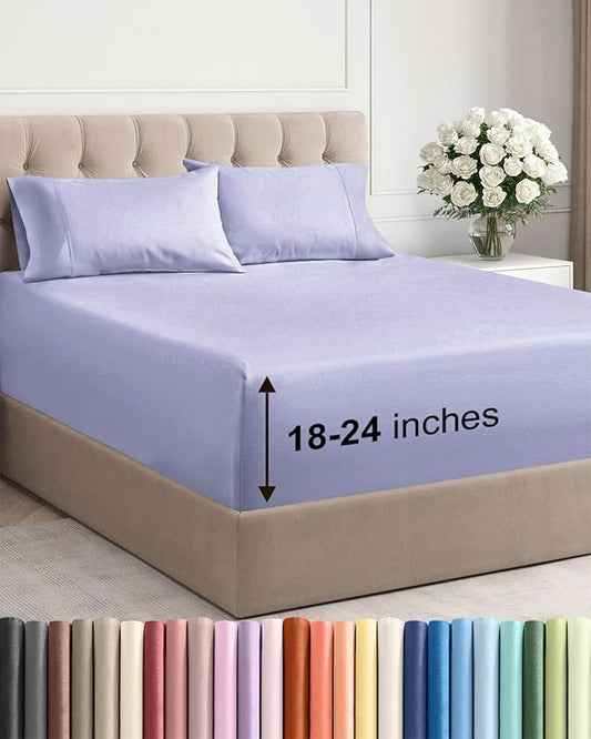 Extra Deep Pocket King Sheets - 4 Piece Breathable & Cooling Bed Sheets - Hotel Luxury Bed Sheet Set - Soft, Wrinkle Free & Comfy - Easily Fits Extra Deep Mattresses - Deep Pocket Lavender Sheets Set
