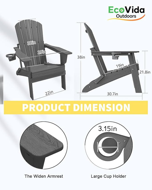 3-Piece Folding Adirondack Chair Set - 38" Extra Tall Back & Embossed Wood Grain, Oversized HDPE Patio Furniture with Side Table & Cup Holders, 380lb Heavy Duty,Grey