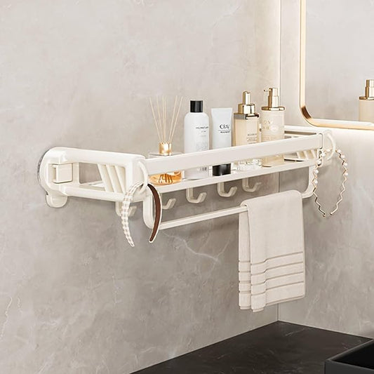 20" Shower Caddy Suction Cup, Concealed Shower Shelves Suction Cup with Hooks & Towel Bar, NO-Drilling Suction Shelf for Bathroom & Kitchen - White