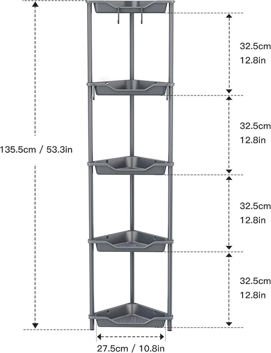 Orimade Rustproof 5 Tier Floor Standing Corner Shower Caddy Organizer, Plastic Metal Splicing Floor Corner Shelf Rack Stands for Bathroom, Grey