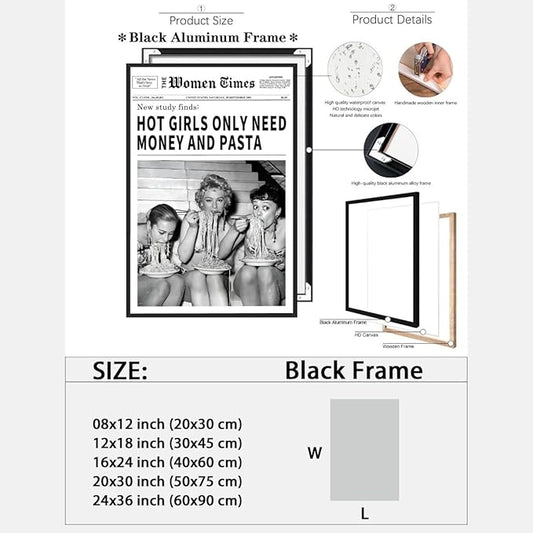 Generic Vintage Women Times Newspaper Canvas Wall Art Black and White Aesthetic Poster Hot Girl Eating Pasta Fashion Prints for Italian Kitchen 16x24inch Black Framed