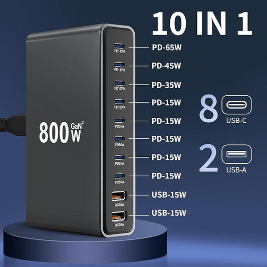 800W USB-C Charging Station GaN III 10-Port & 6.6ft 240W Cable, Compatible with iPhone, ipad, Samsung, Pixel, MacBook and Notebook etc.