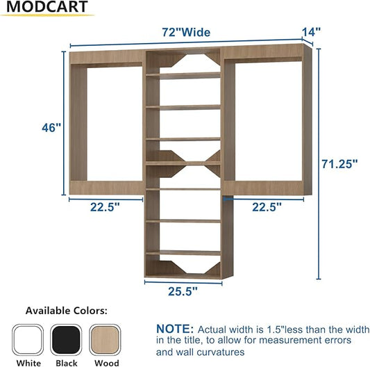 Closet Organizer, Walk-In Closet Wood Tower System, 72" Wide, Wall-Mounted Bedroom Wardrobe Storage