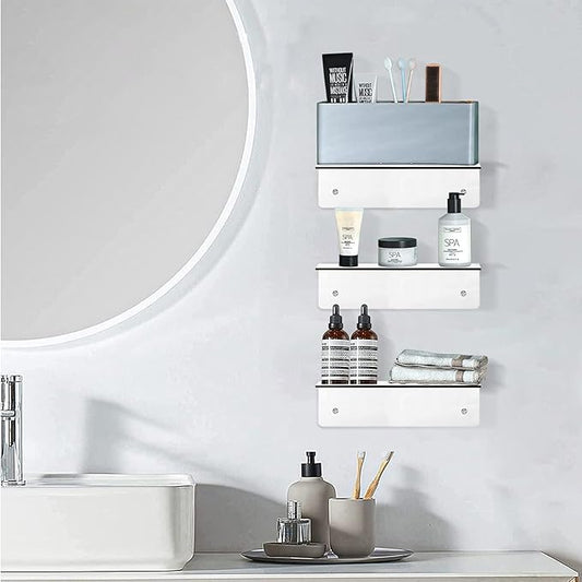 9 Inch Clear Acrylic Floating Shelf, No Drill Adhesive Wall Shelf Set of 2 for Storage, Floating Shelves Damage-Free Expand Wall Space for Living Room, Office, Gaming Room, Bathroom