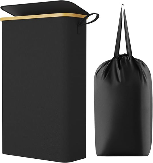 Lifewit 65L Slim Laundry Hamper with Lid, Narrow Laundry Basket with Removable Bag & Bamboo Handles, Fodable Thin Dirty Clothes Hamper for Laundry Collapsible Bin for Bathroom Bedroom Dorm, Black