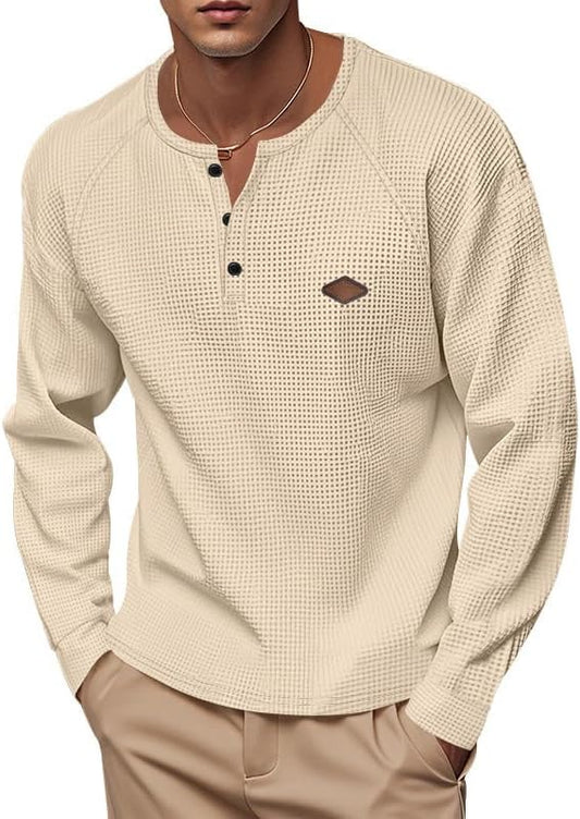 Men's Warm Waffle Top - 1/4 Button Round Neck Solid Color Casual Sweatshirt for Daily Vacation Wear
