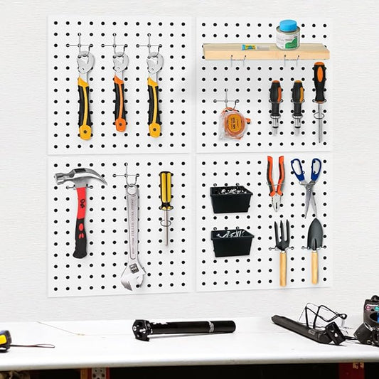 6Pcs Pegboard, Peg Board, Metal Pegboard Wall Organizer Panels Accessories, Mount Display Pegboard Kits for Walls Garage Craft Room Office Workshop, Easy Installation (White)