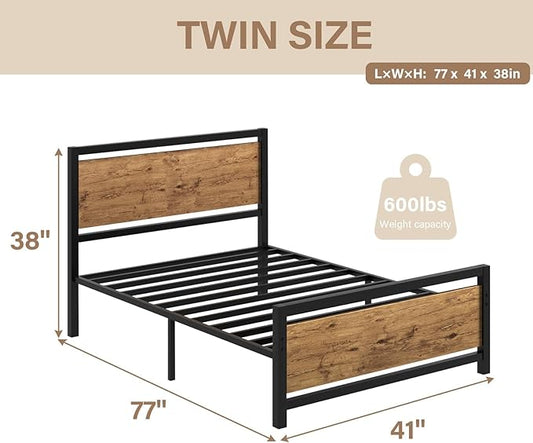Twin Bed Frames with Headboard, Industrial Style Twin Bed Frame with Storage, Twin Size Bed Frames with Wooden Footboard, No Box Spring Needed, Noise-Free, Easy Assembly, Black Brown